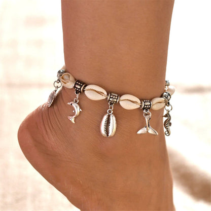 Shell and Silver-Plated Dolphin Hippocampus Charm Anklet, silver anklet bracelet, everyday style, front view
