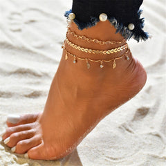 Cubic Zirconia & 18K Gold-Plated Leaf Charm Anklet Set