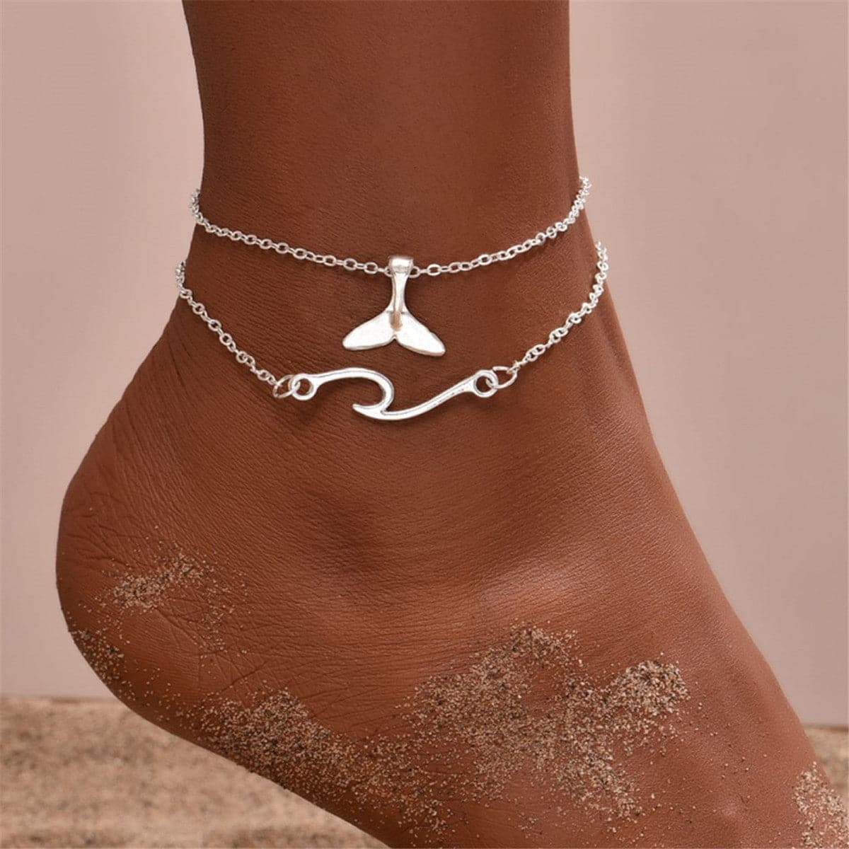 Silver-Plated Fishtail Charm Anklet and Wave Charm Anklet, jewelry gift sets for women, everyday style, front view