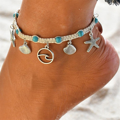 Turquoise and Silver-Plated Starfish Charm Anklet, silver anklet bracelet, elegant gift for her, front view