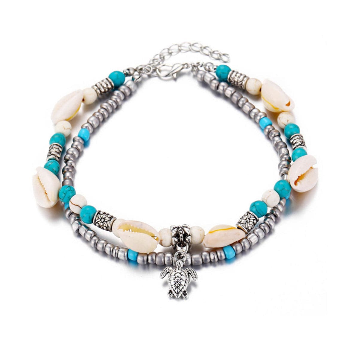 Turquoise and Silver-Plated Tortoise Charm Anklet, silver anklet bracelet, dainty minimalist design, side view