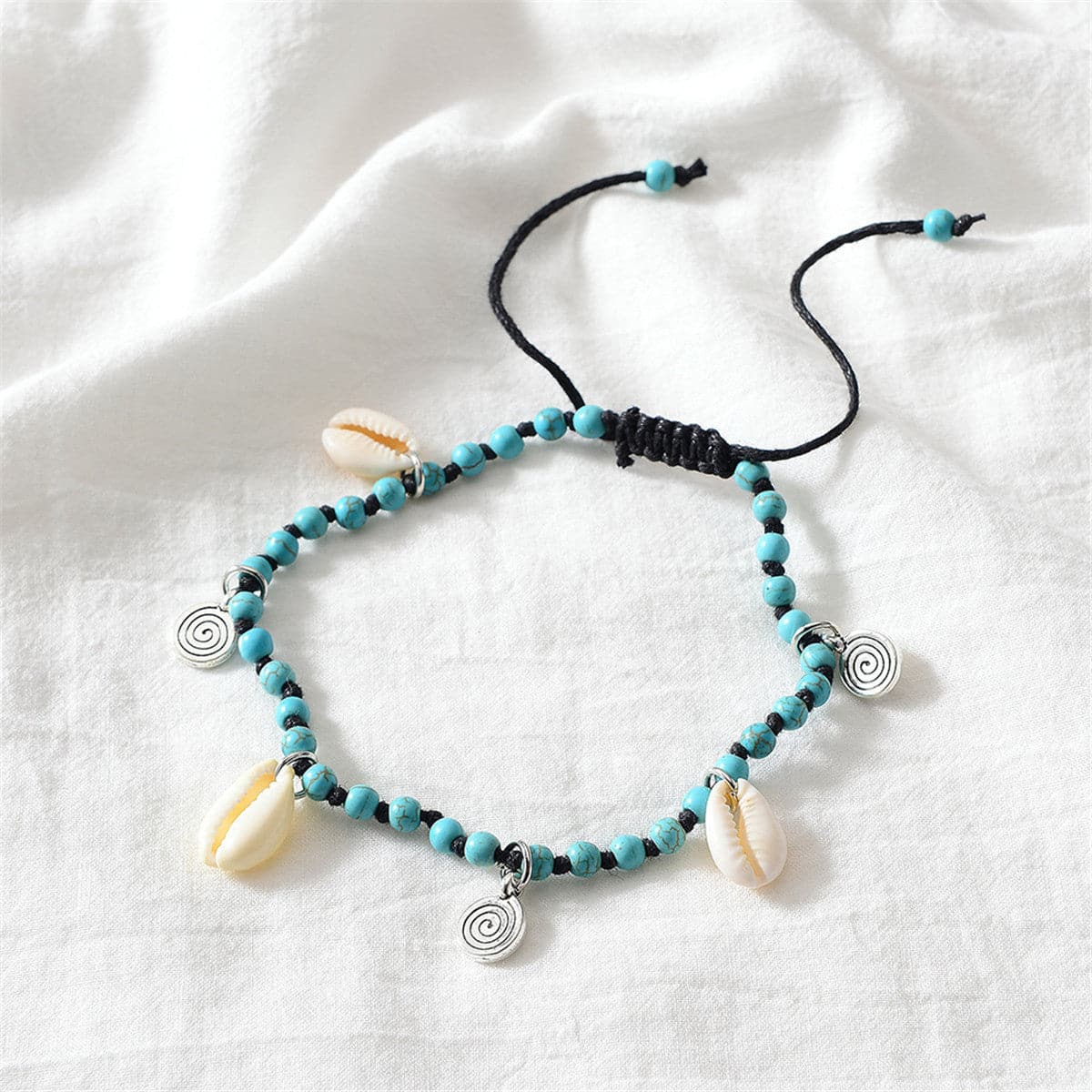Turquoise and Silver-Plated Shell Adjustable Anklet, silver anklet bracelet, botanical inspired, side view