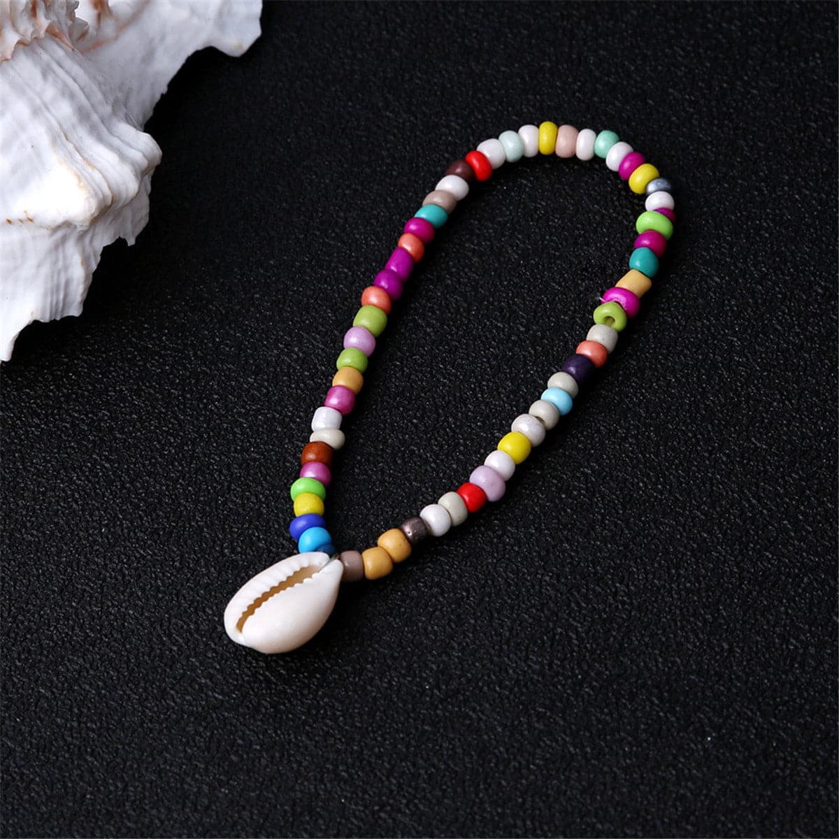Teal Multicolor Howlite and Shell Charm Anklet, anklet bracelet, botanical inspired, side view