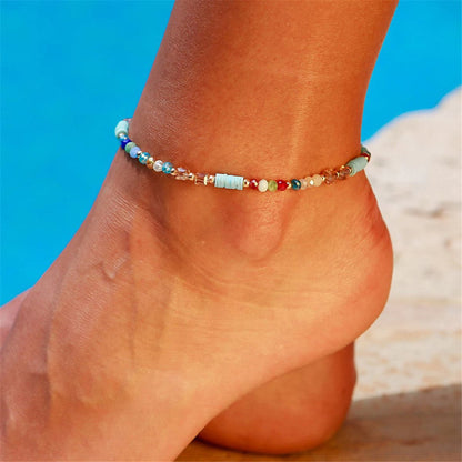 Blue Acrylic and 18K Gold-Plated Beaded Anklet, gold anklet bracelet, elegant gift for her, front view