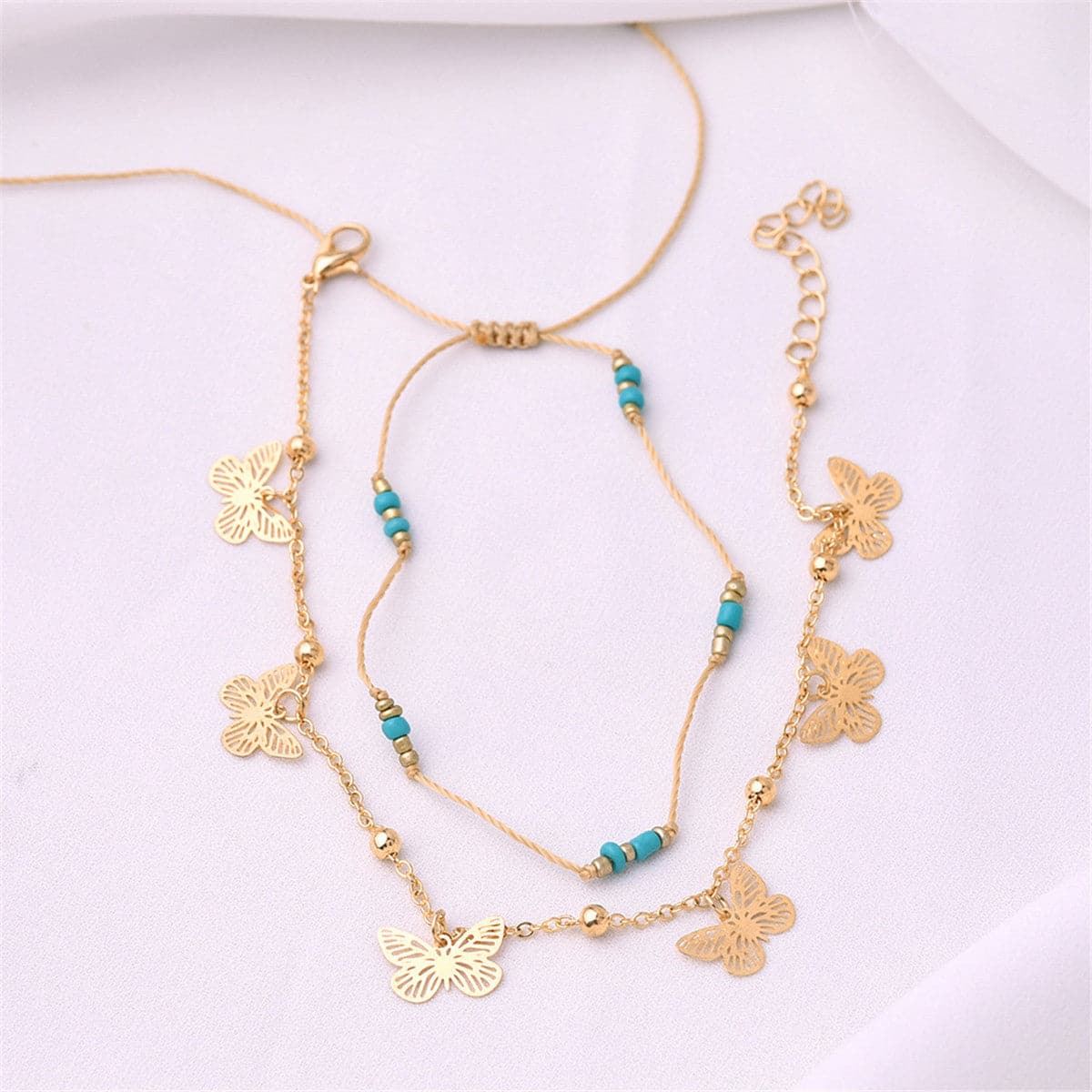 Turquoise 18K Gold-Plated Station Anklet Set