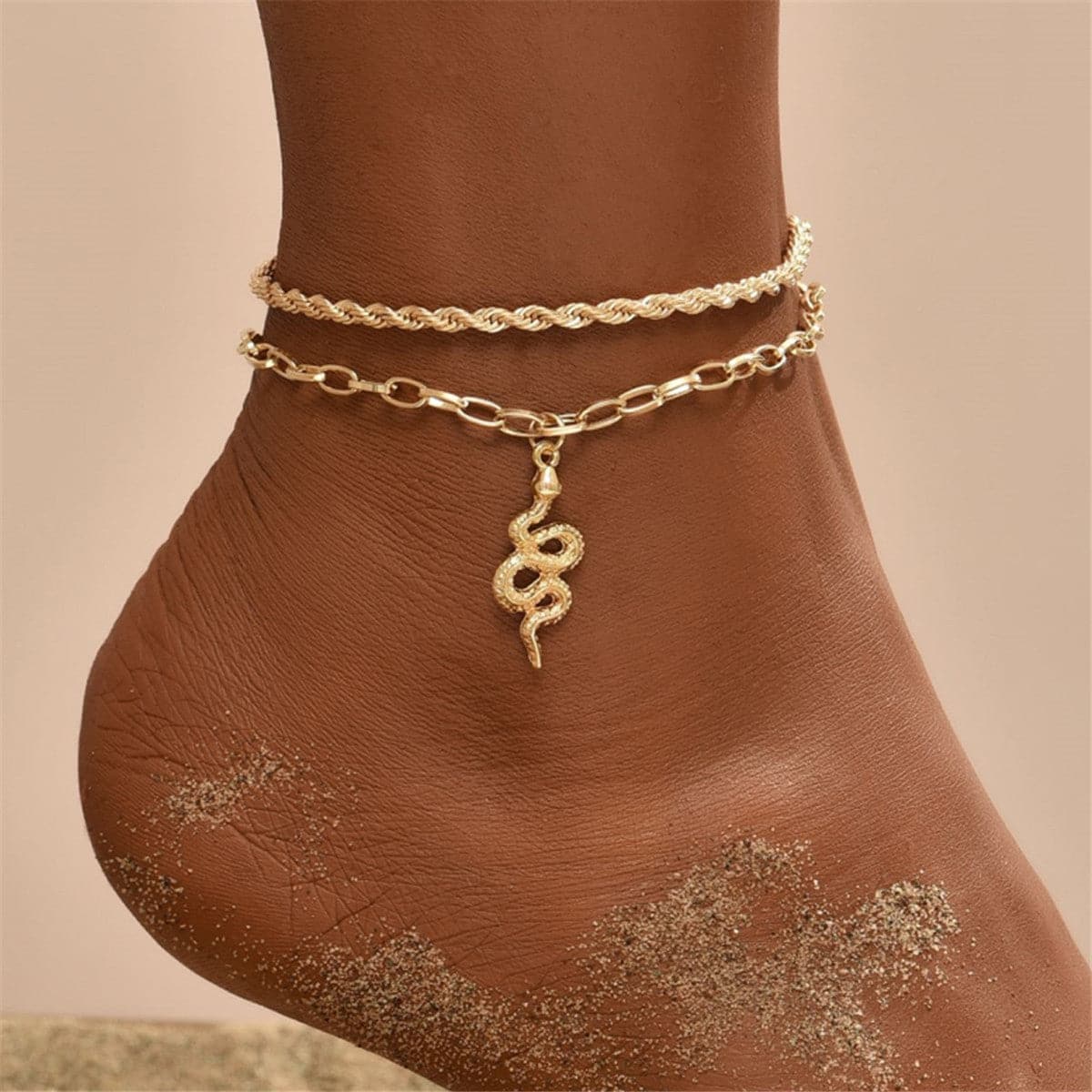 18K Gold-Plated Snake Charm Anklet and Rope Chain Anklet, jewelry gift sets for women, vintage-inspired design, front view