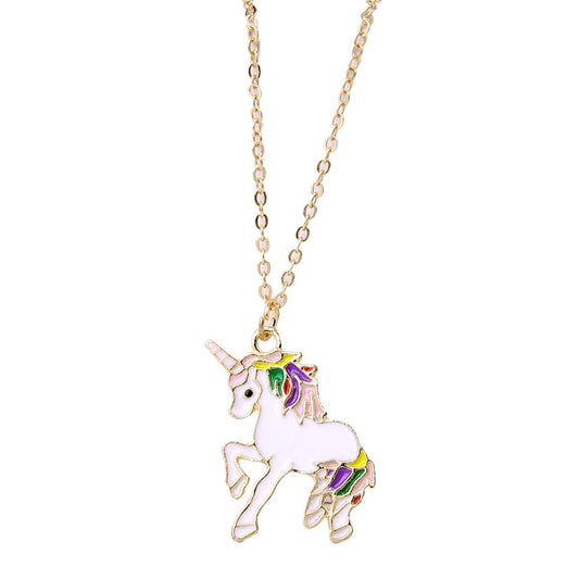 White Enamel and 18K Gold-Plated Unicorn Pendant Necklace, gold pendant necklace for women, elegant gift for her, front view