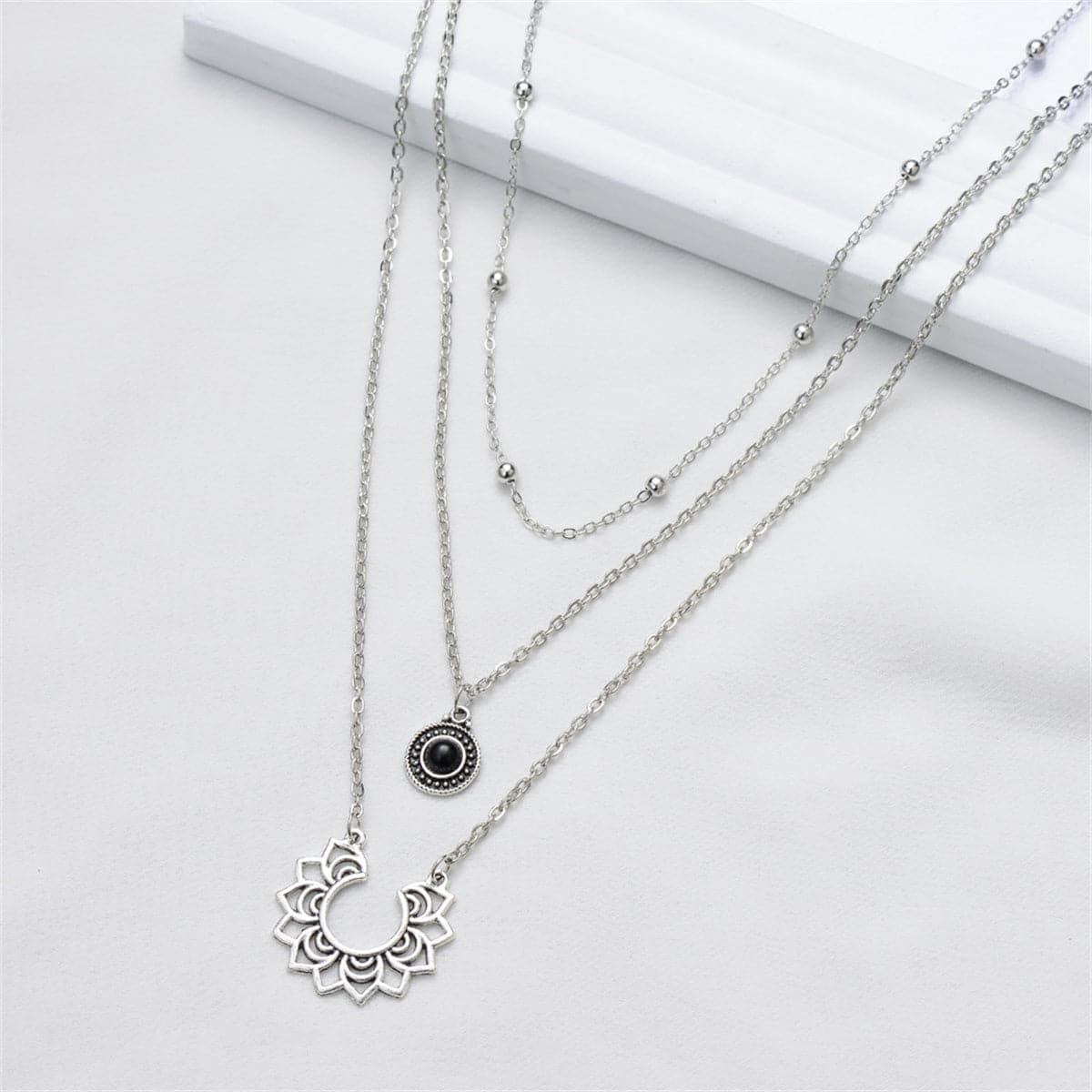 Black Resin and Silver-Plated Sunflower Layered Pendant Necklace, chunky silver choker necklace, everyday style, front view