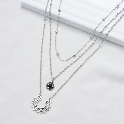 Black Resin and Silver-Plated Sunflower Layered Pendant Necklace, chunky silver choker necklace, everyday style, front view
