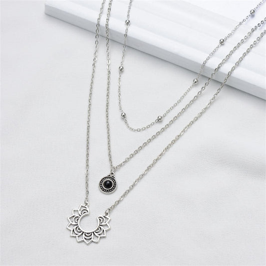 Black Resin and Silver-Plated Sunflower Layered Pendant Necklace, chunky silver choker necklace, everyday style, front view