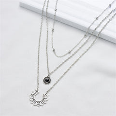 Black Resin & Silver-Plated Sunflower Layered Pendant Necklace