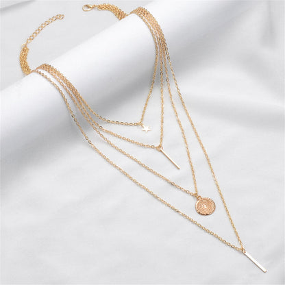 18K Gold-Plated Disc Bar Layered Pendant Necklace, gold pendant necklace for women, dainty minimalist design, detail close-up