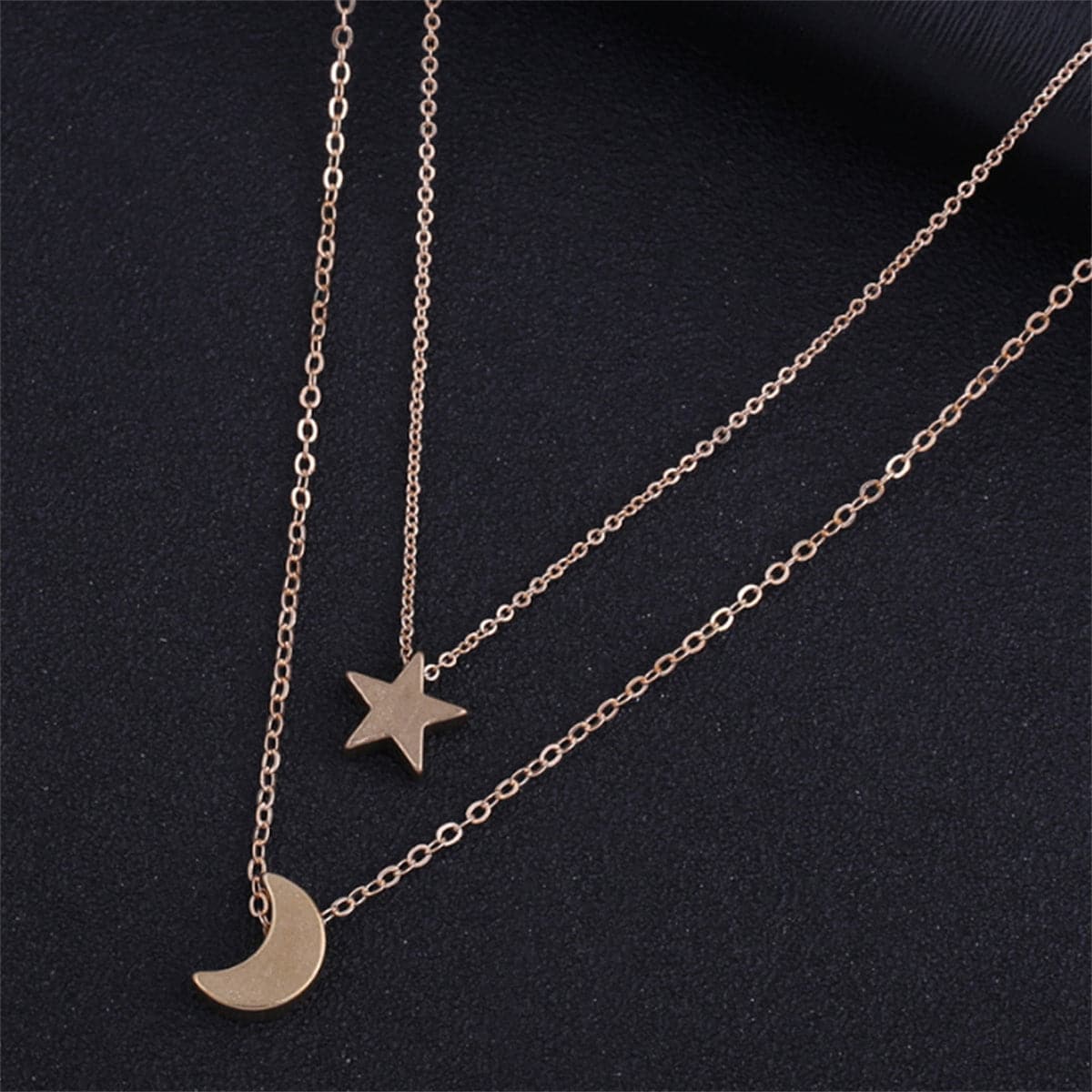 18K Gold-Plated Star and Moon Layered Necklace, gold pendant necklace for women, elegant gift for her, front view