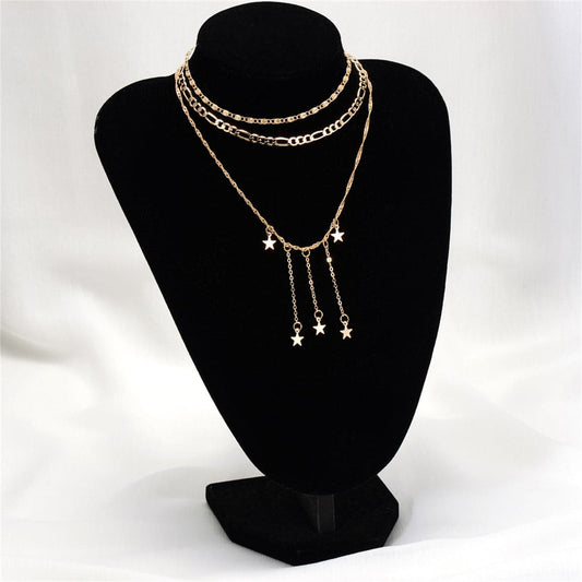 18K Gold-Plated Star Tassel Layered Pendant Necklace, chunky gold choker necklace, botanical inspired, front view