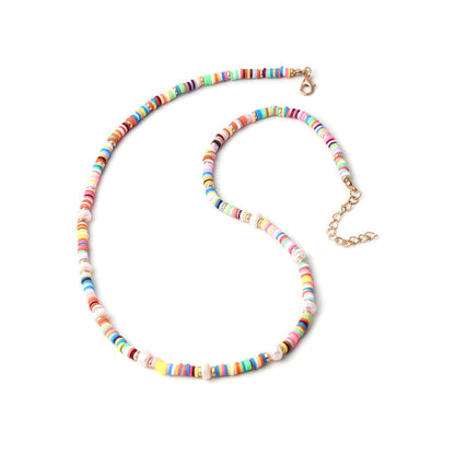 Pearl and Multicolor Polymer Clay 18K Gold-Plated Bead Necklace, gold pendant necklace for women, front view