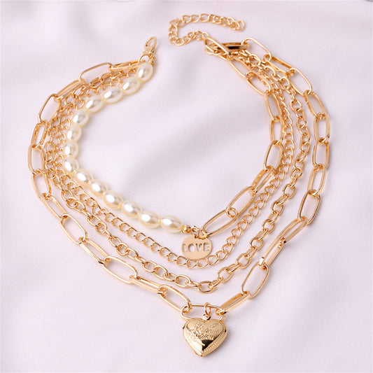 Pearl and 18K Gold-Plated 'Love' Heart Layer Pendant Necklace, gold pendant necklace for women, front view