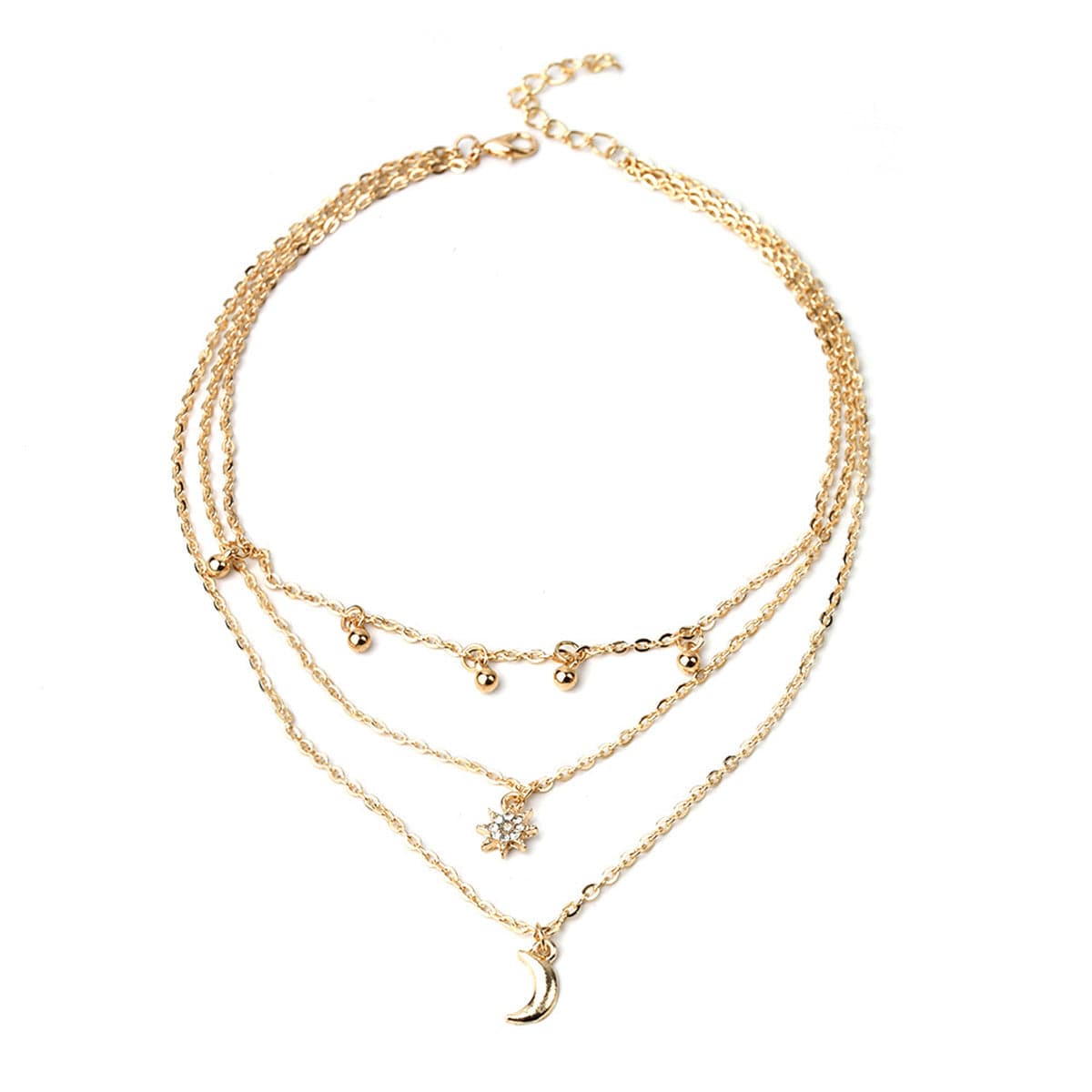 Cubic Zirconia and 18K Gold-Plated Stars Moon Layered Necklace, gold pendant necklace for women, front view