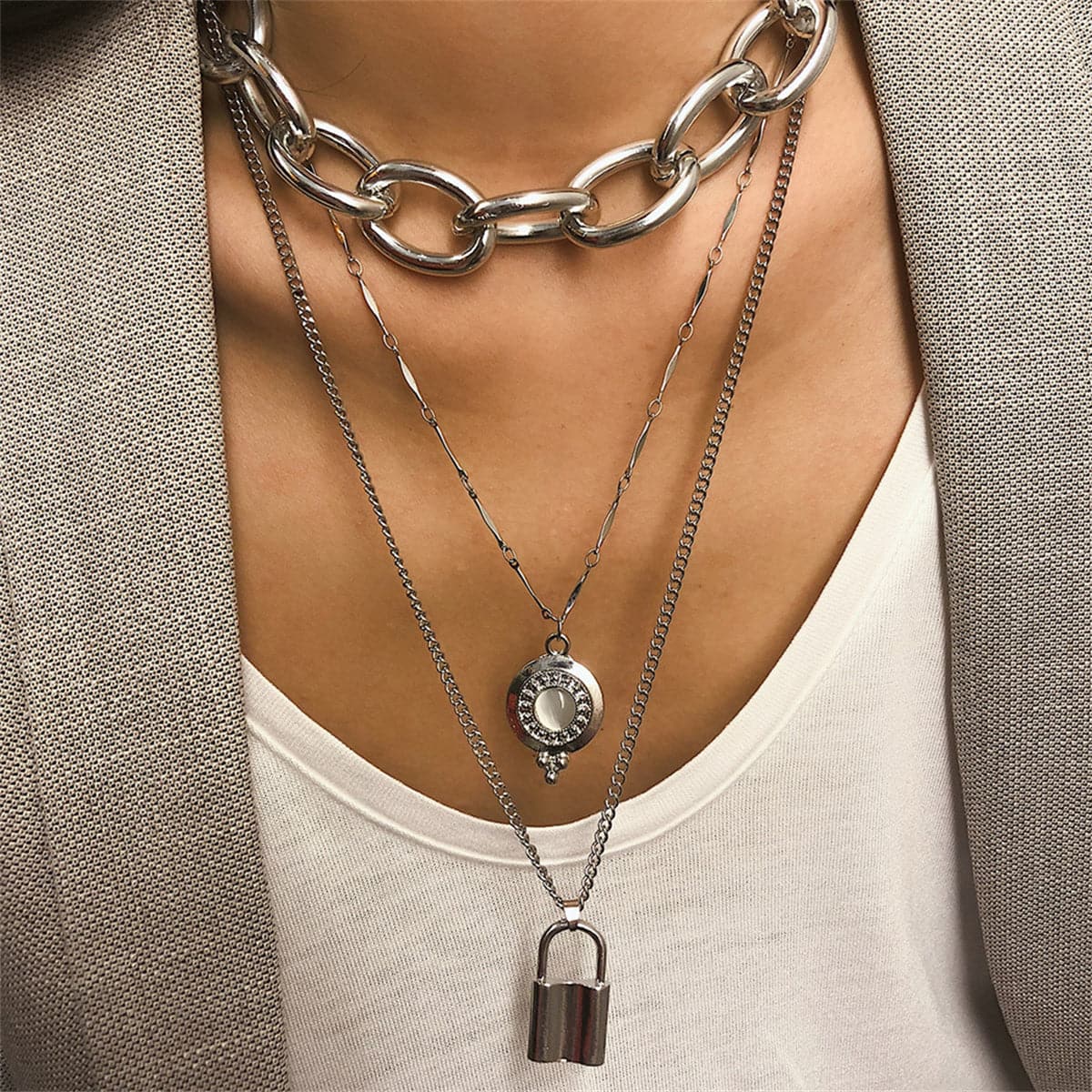 Moonstone and Silver-Plated Latch Pendant Layered Necklace, silver pendant necklace for women, everyday style, side view
