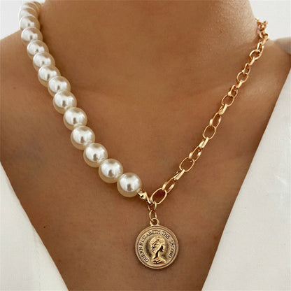 Pearl and 18K Gold-Plated Beaded Coin Pendant Necklace, gold pendant necklace for women, dainty minimalist design, front view