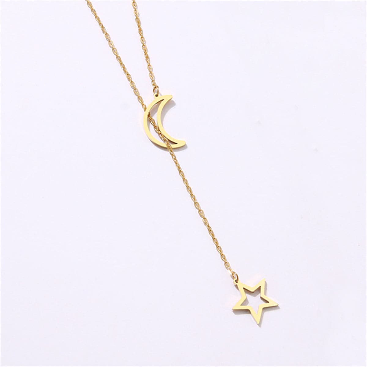 18K Gold-Plated Openwork Celestial Lariat Necklace, gold pendant necklace for women, botanical inspired, side view