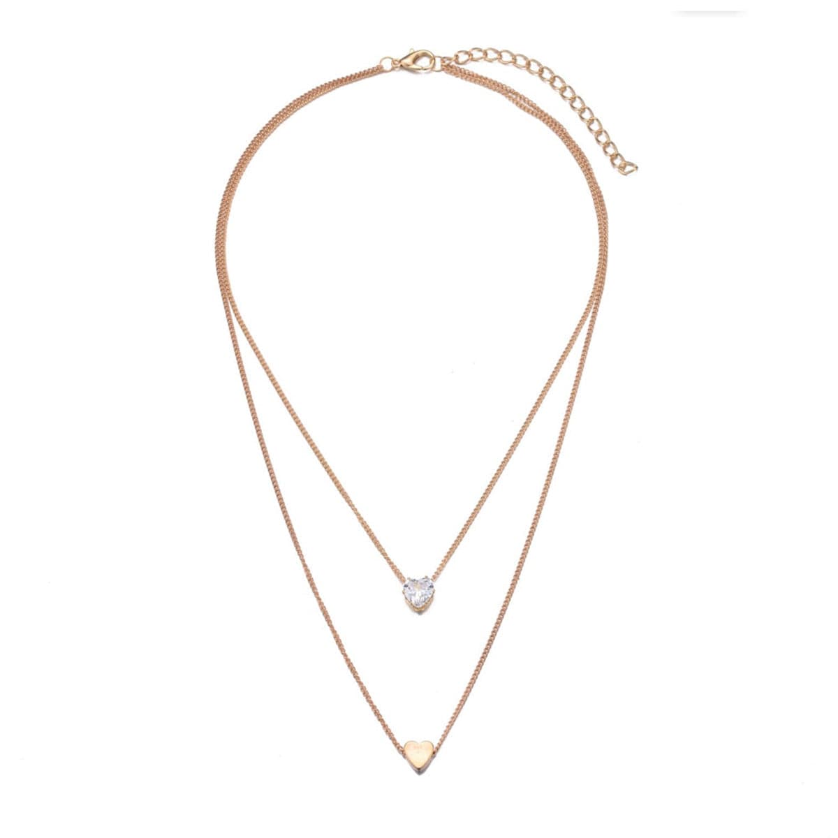 Cubic Zirconia and 18K Gold-Plated Heart Double Pendant Necklace, gold pendant necklace for women, front view