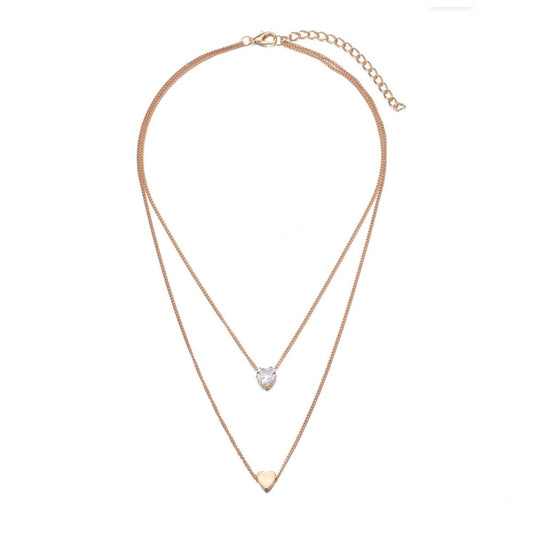 Cubic Zirconia and 18K Gold-Plated Heart Double Pendant Necklace, gold pendant necklace for women, front view