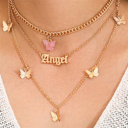 Pink Acrylic and 18K Gold-Plated Butterfly 'Angel' Layer Pendant Necklace, gold pendant necklace for women, front view