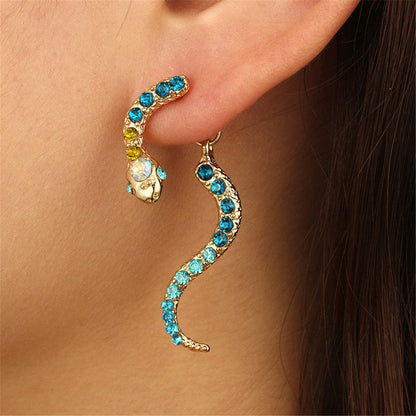 Blue Cubic Zirconia and 18K Gold-Plated Snake Drop Earrings, gold drop earrings for women, botanical inspired, front view
