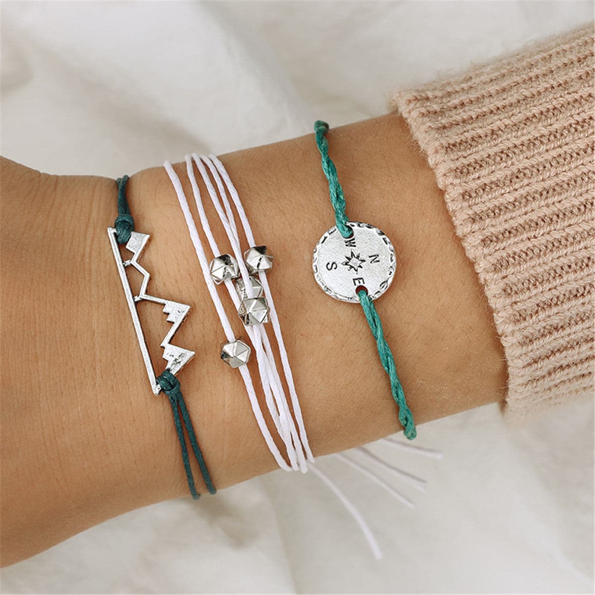 Vibre and Silver-Plated Mountain Peak Bracelet Set, jewelry gift sets for women, dainty minimalist design, front view