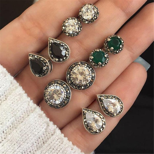 Green Crystal and Silver-Plated Stud Earrings Set, silver stud earrings for women, vintage-inspired design, front view
