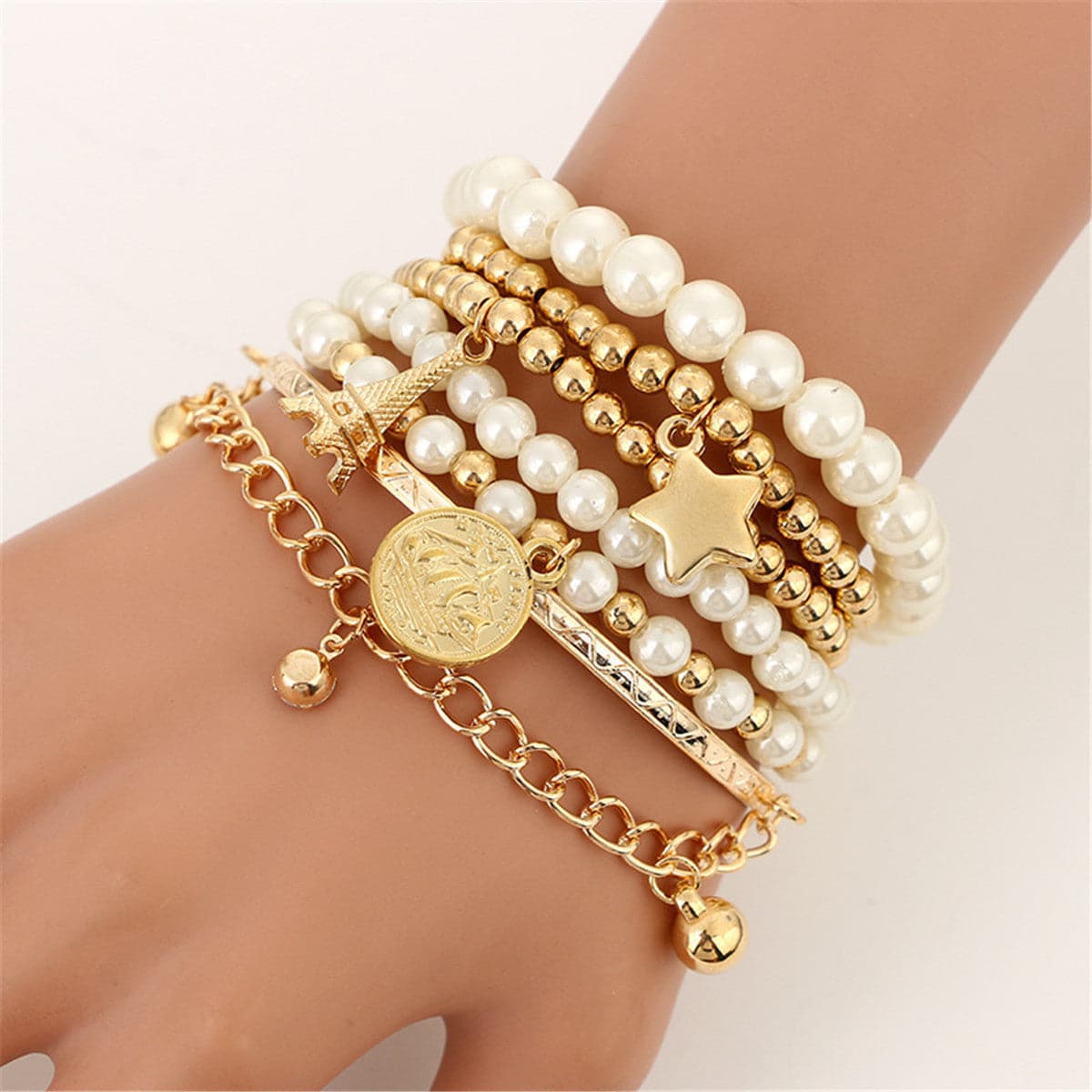 Pearl & 18K Gold-Plated Eiffel Tower Bracelet Set