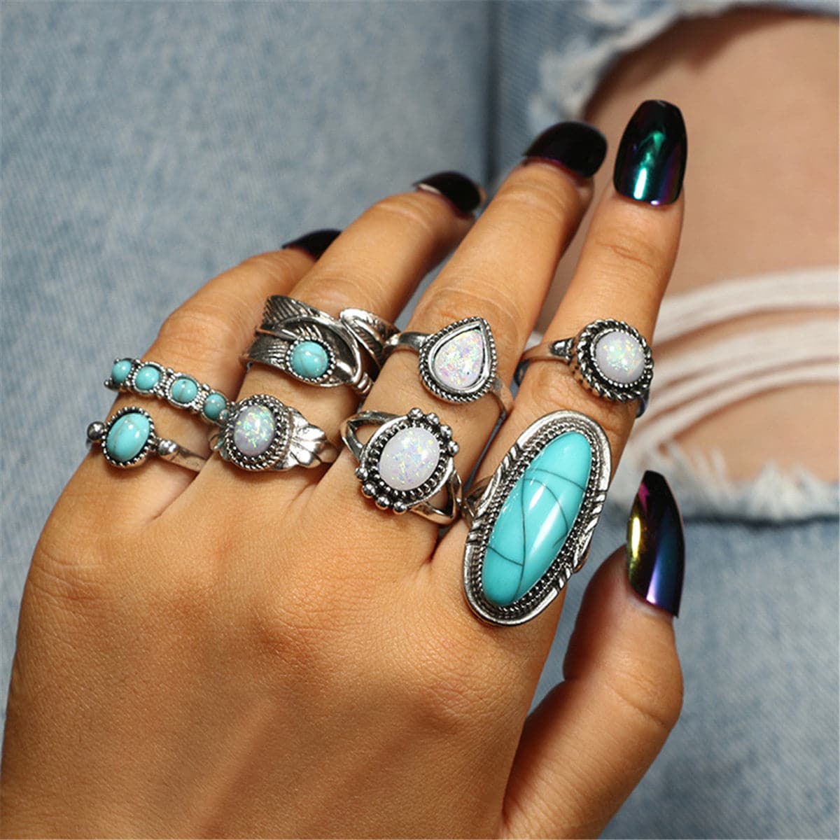 Turquoise and Silver-Plated Leaf Feather Ring Set, jewelry gift sets for women, botanical inspired, front view