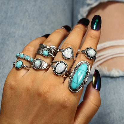 Turquoise and Silver-Plated Leaf Feather Ring Set, jewelry gift sets for women, botanical inspired, front view