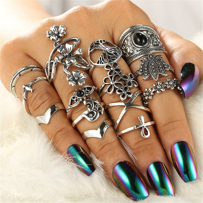 Black and Silver-Plated Botany Ring Set, jewelry gift sets for women, everyday style, front view