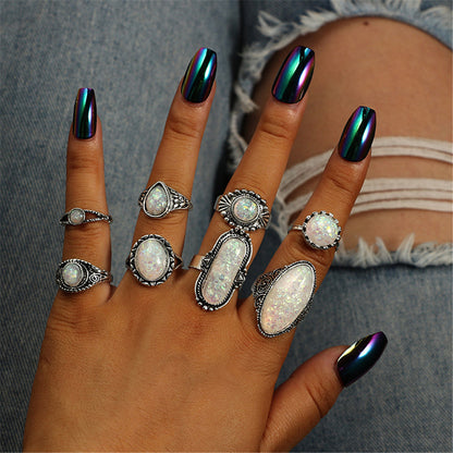 Iridescent and Silver-Plated Long Oval Ring Set, jewelry gift sets for women, elegant gift for her, front view
