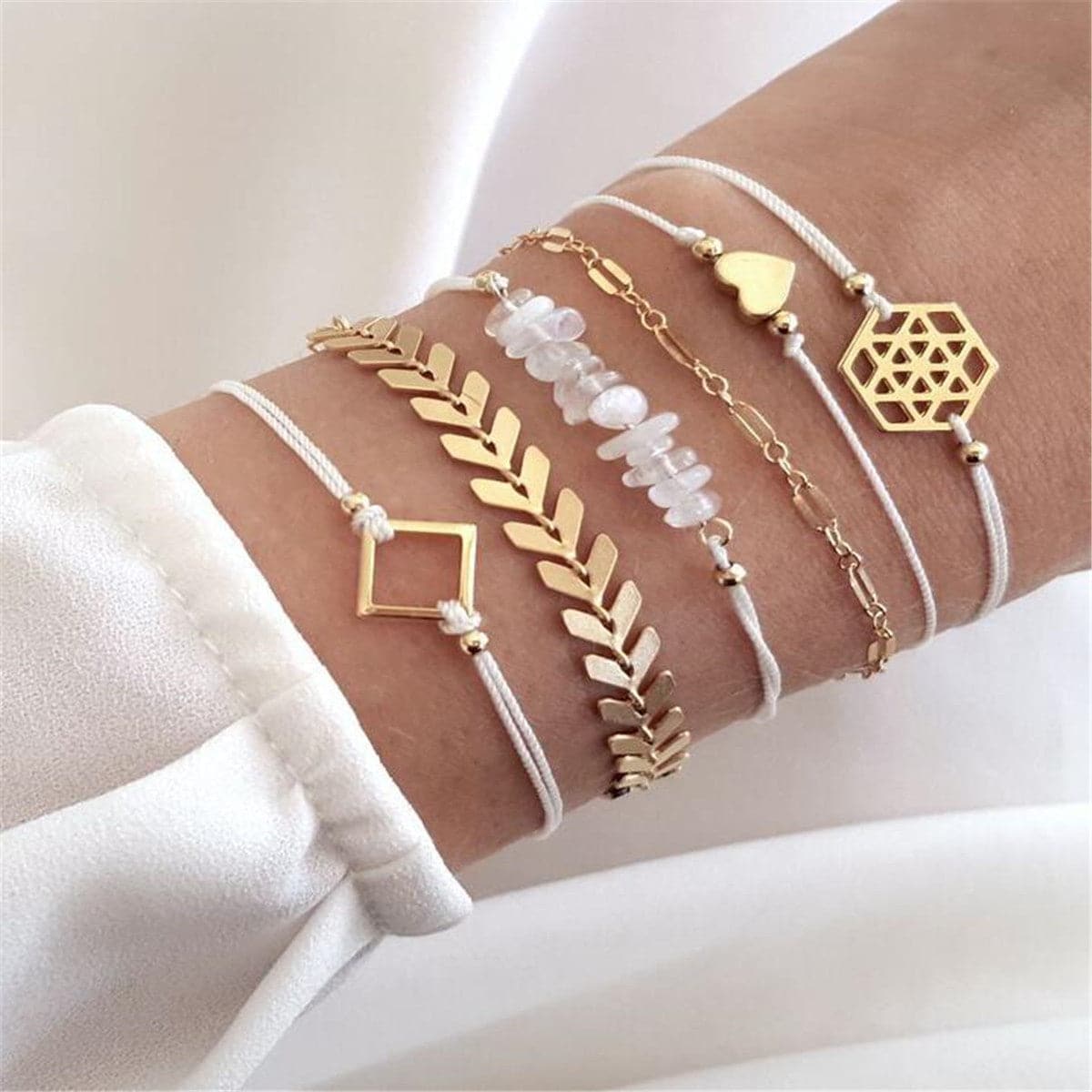 White Resin and 18K Gold-Plated Geometric Charm Bracelet Set, jewelry gift sets for women, front view