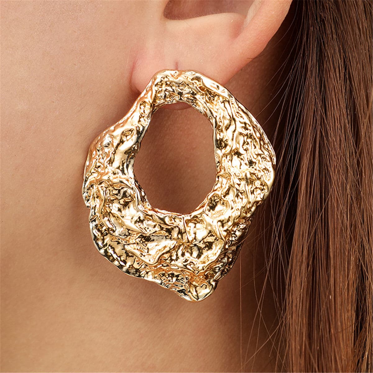 18K Gold-Plated Wrinkled Geometry Hoop Drop Earrings, gold stud earrings for women, elegant gift for her, front view