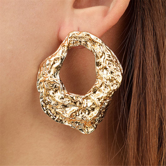 18K Gold-Plated Wrinkled Geometry Hoop Drop Earrings, gold stud earrings for women, elegant gift for her, front view