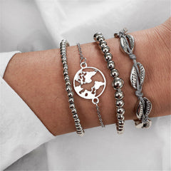 Silver-Plated Bead Shell Map Charm Bracelet Set