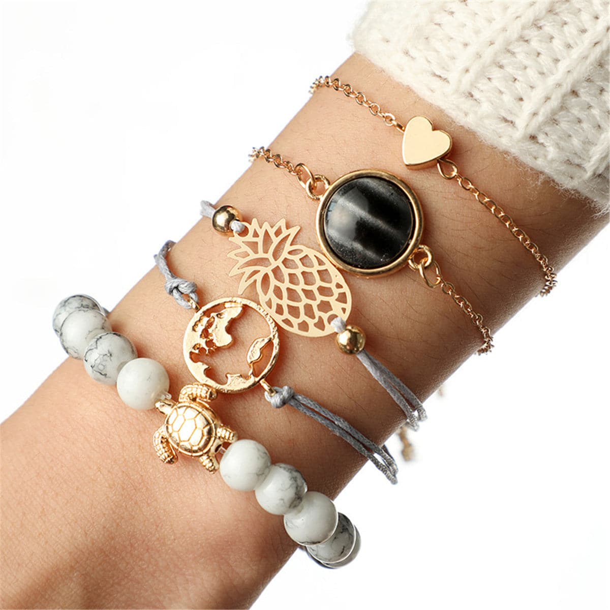 Gray Turquoise and 18K Gold-Plated Pineapple Bracelet Set, jewelry gift sets for women, everyday style, front view