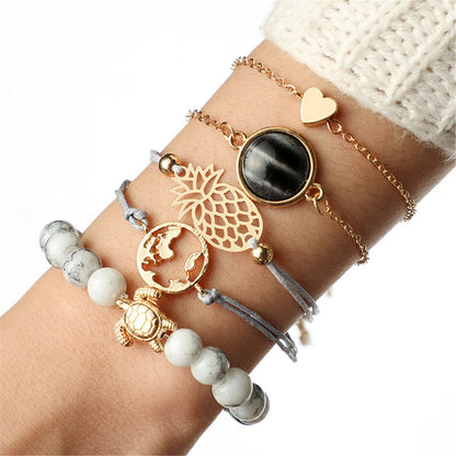Gray Turquoise and 18K Gold-Plated Pineapple Bracelet Set, jewelry gift sets for women, everyday style, front view