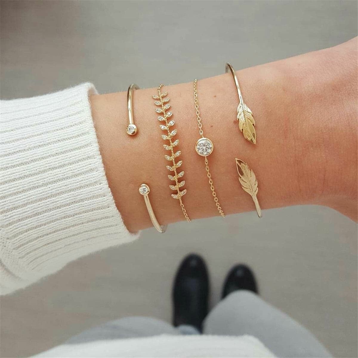 Cubic Zirconia and 18K Gold-Plated Leaf Charm Bracelet Set, gold bracelet for women, dainty minimalist design, front view