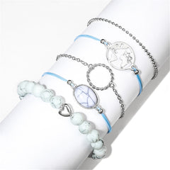 Turquoise & Silver-Plated Heart Map Bracelet Set