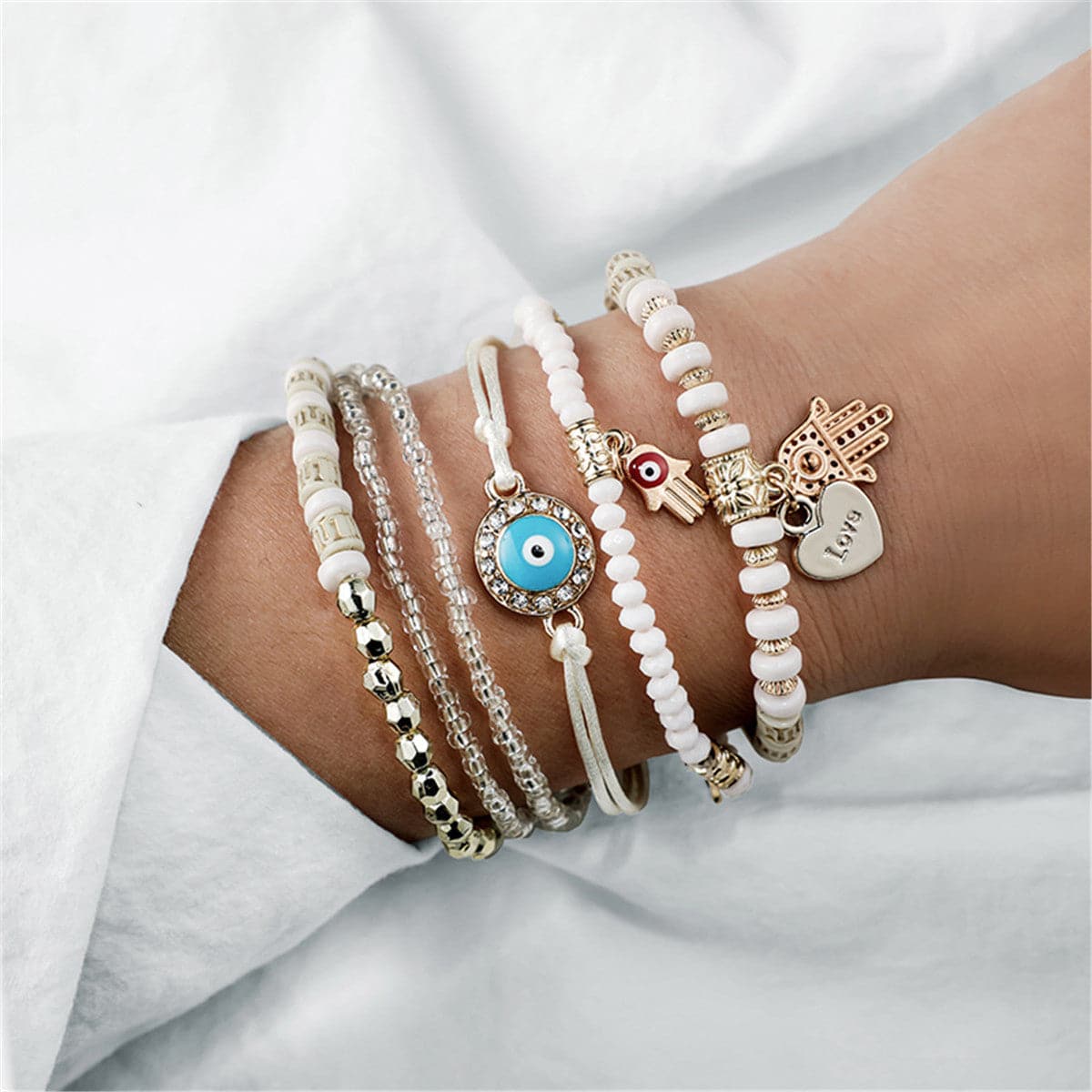 Turquoise & 18K Gold-Plated Hamsa Heart Bracelet Set