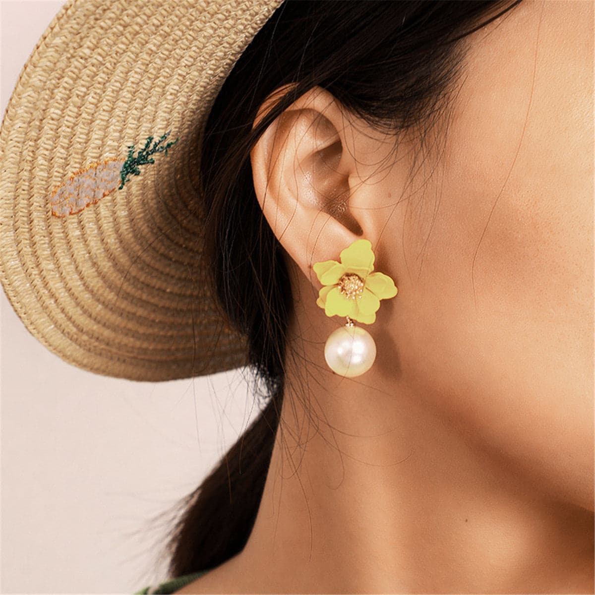 Yellow Acrylic & Pearl Flower Drop Earrings