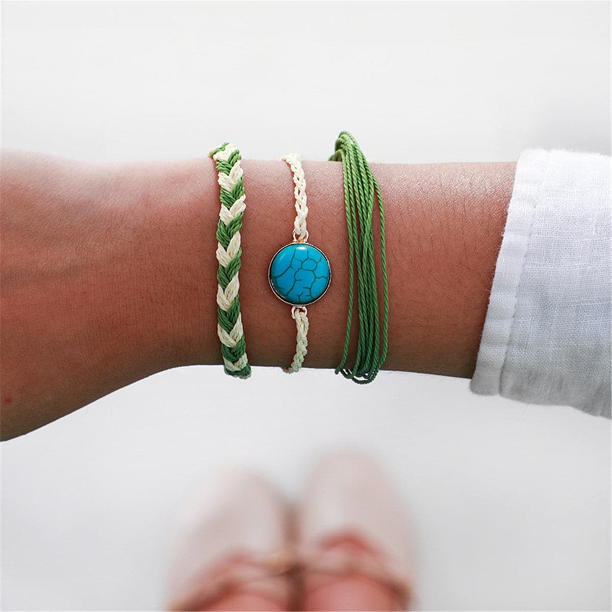 Turquoise and Polyster 18K Gold-Plated Braided Bracelet Set, jewelry gift sets for women, elegant gift for her, front view