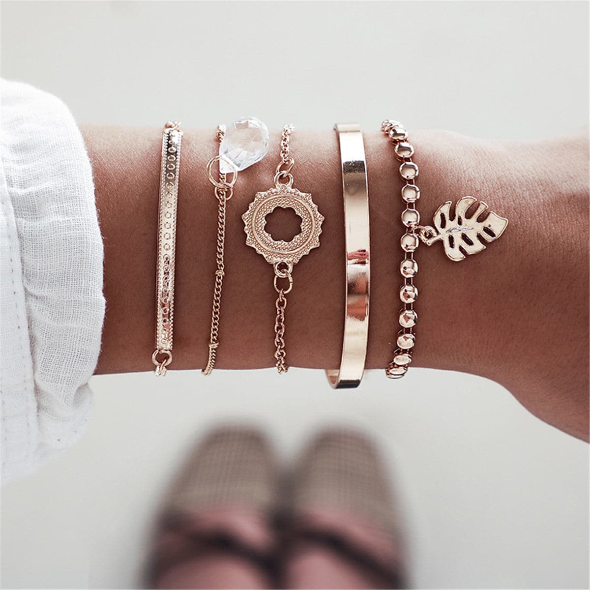 Crystal and 18K Gold-Plated Station Bracelet and Cuff Set, gold bracelet for women, vintage-inspired design, front view