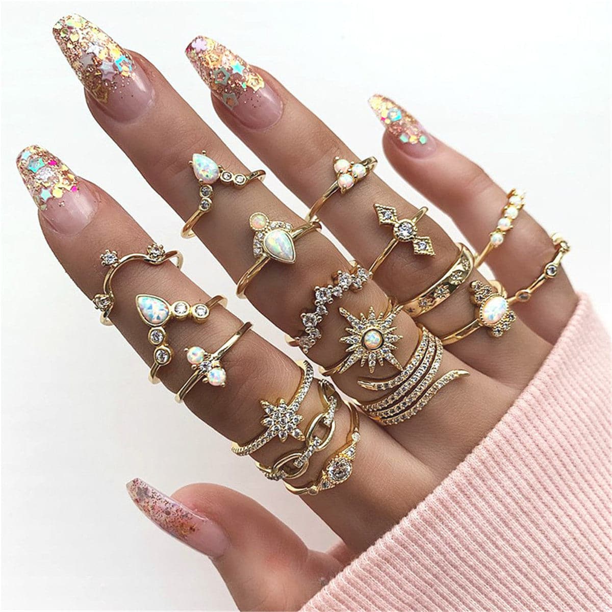 Cubic Zirconia and 18K Gold-Plated Snowflake Ring Set, jewelry gift sets for women, elegant gift for her, front view