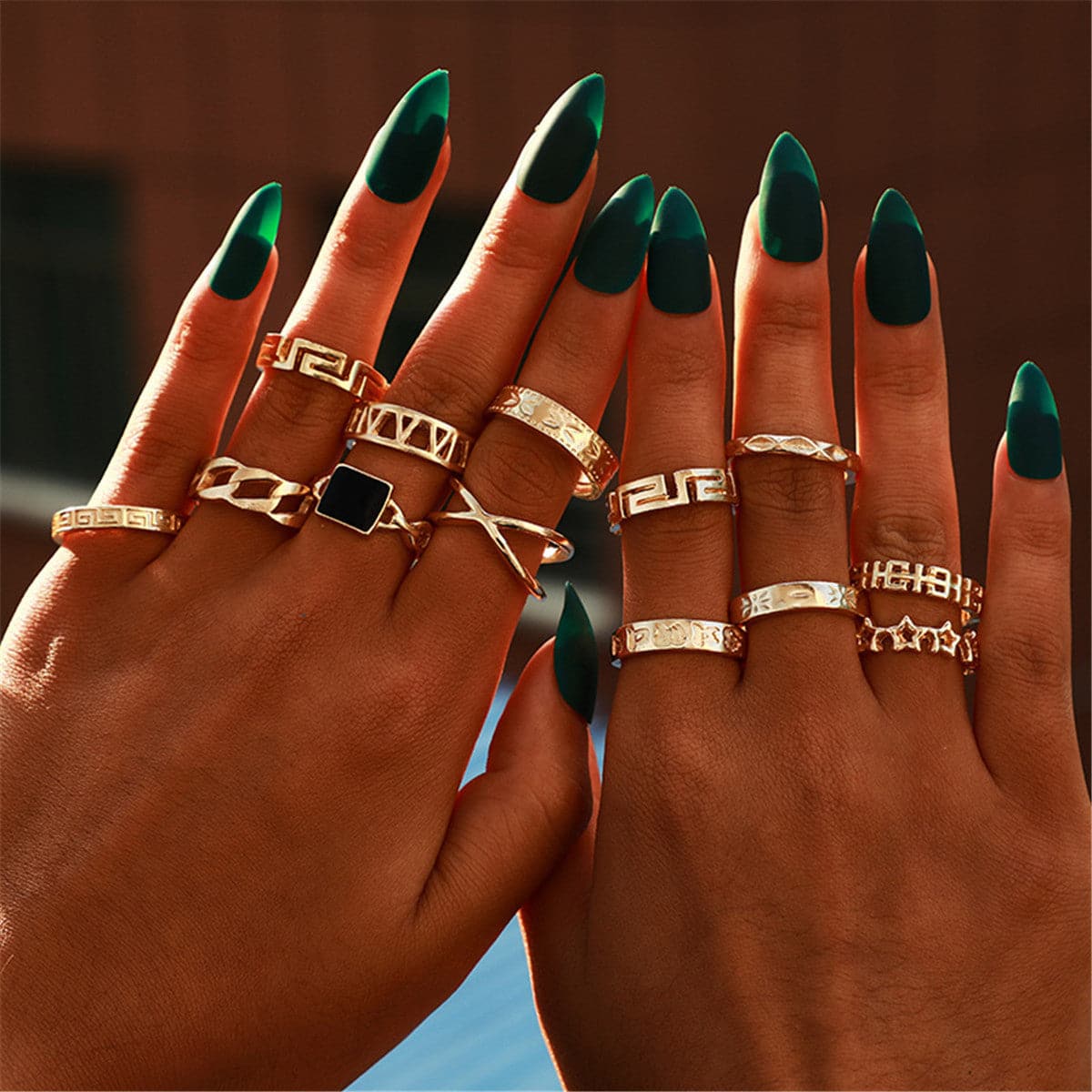 Black Enamel and 18K Gold-Plated Square Openwork-Band Ring Set, jewelry gift sets for women, front view
