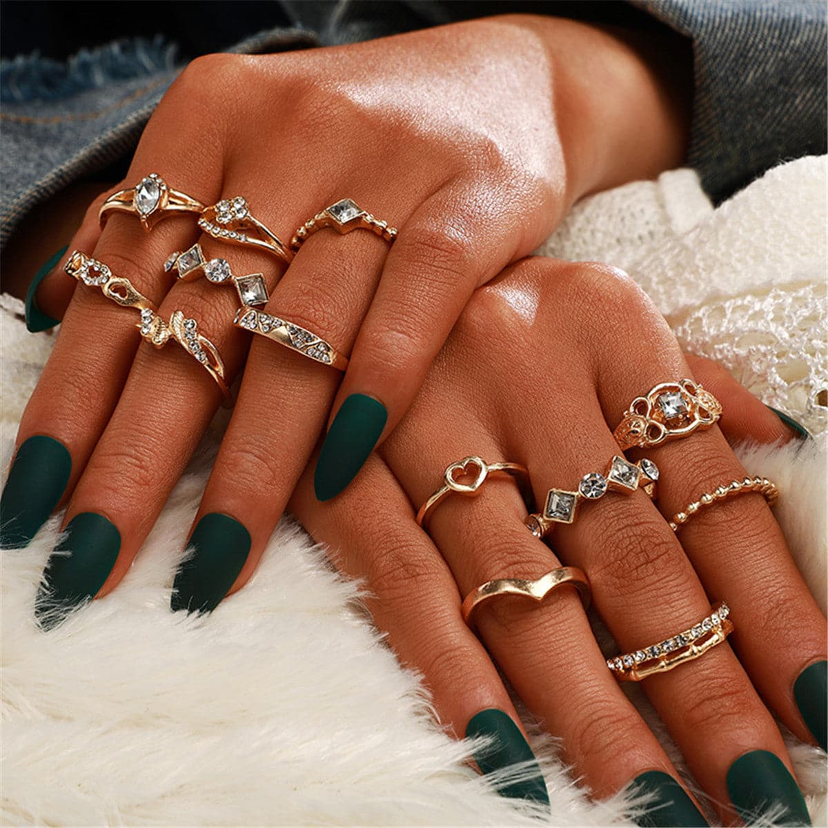 Cubic Zirconia and 18K Gold-Plated Open Alternating Heart Ring Set, jewelry gift sets for women, front view